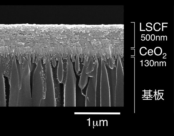 Fig. 2:Cross sectional SEM image of thin-film-type SOFC using a mixed oxide-ion and electronic conductor.