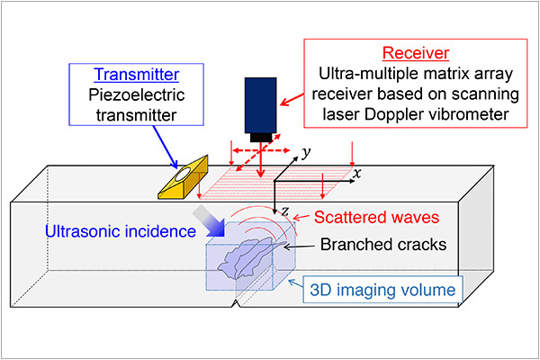 A Schematic illustration of the high-resolution 3D ultrasonic imaging system (PLUS).  ©Yoshikazu Ohara, Tohoku University    