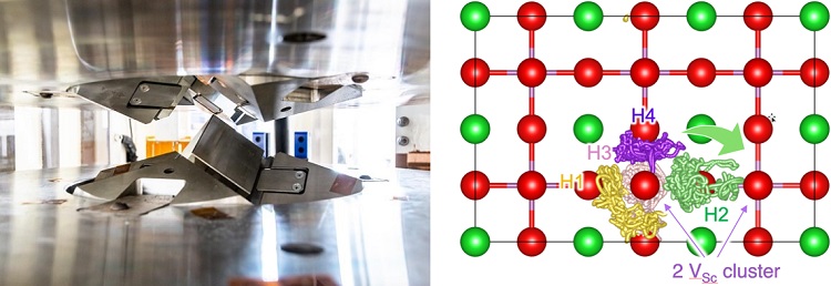 図2　(左) 10万気圧を発生する高圧合成装置と（右）Ba-Sc系酸化物中でプロトンが隣接Sc空孔位置に拡散する様子の第一原理分子動力学シミュレーション