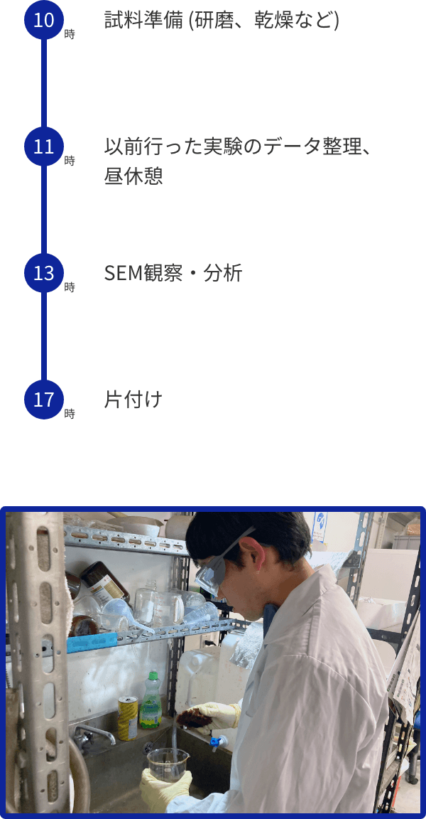 試料準備 (研磨、乾燥など) → 以前行った実験のデータ整理、昼休憩 → SEM観察・分析 → 片付け