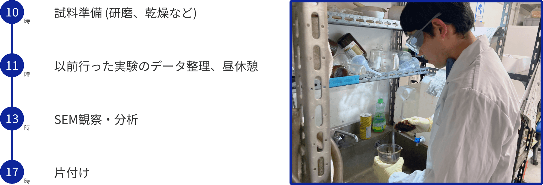 試料準備 (研磨、乾燥など) → 以前行った実験のデータ整理、昼休憩 → SEM観察・分析 → 片付け